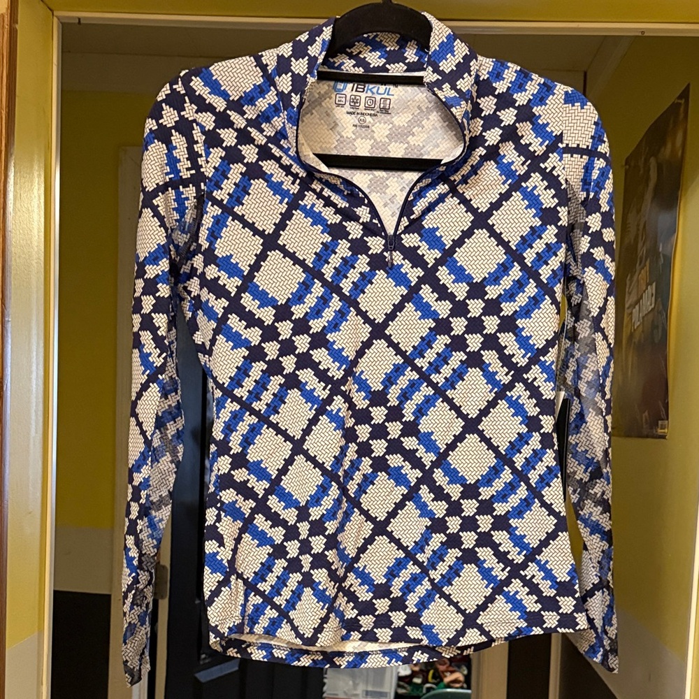 IBKUL Women's Long Sleeve Top in Blue and White Pattern